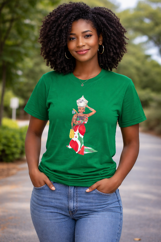 T-shirt Vert – Motifs Femme Burundaise